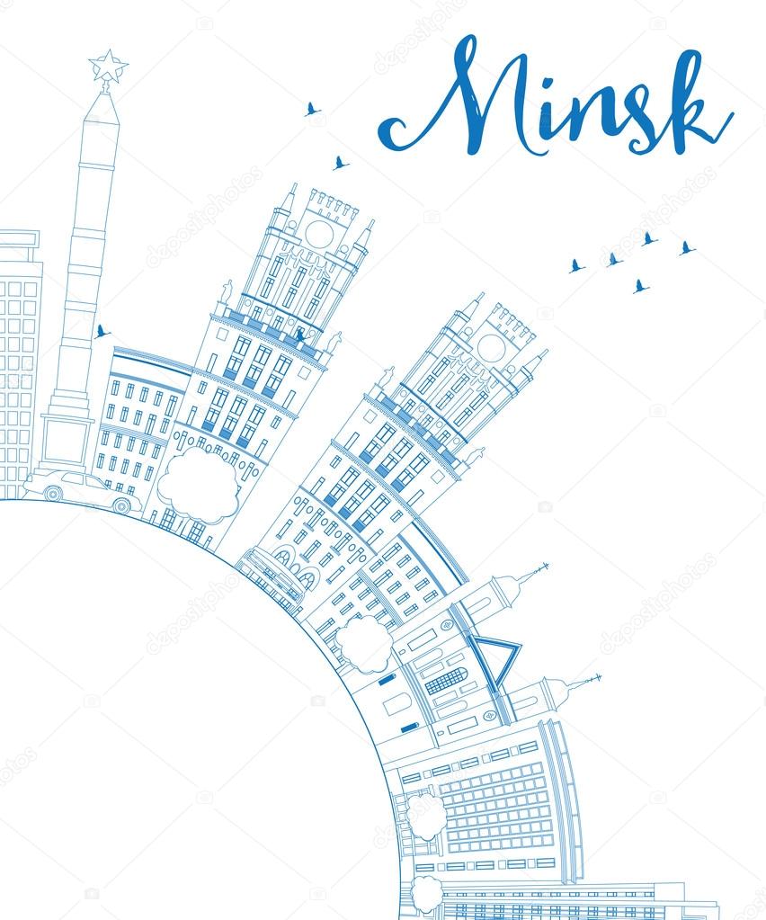 Outline Minsk skyline with blue buildings and copy space.