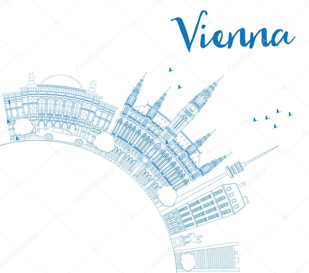 Outline Vienna Skyline with Blue Buildings Copy Space.