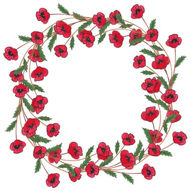 Poppies watercolor wreath on white background.