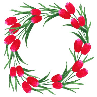 Tulips watercolor wreath on white background.