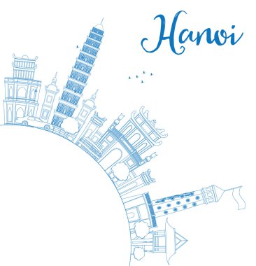 Outline Hanoi skyline with blue Landmarks and copy space.