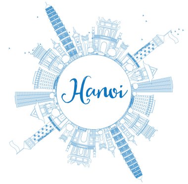 Outline Hanoi skyline with blue Landmarks and copy space.