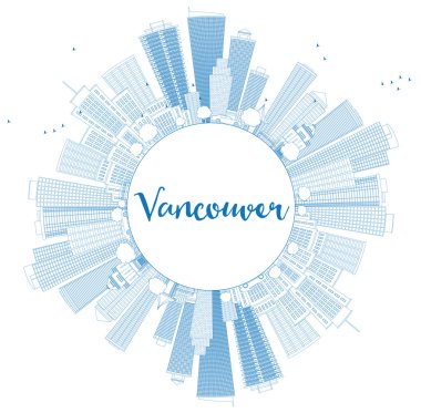 Mavi binalar ve kopyalama alanı ile Anahat Vancouver silueti. 