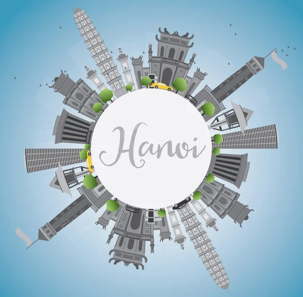 Hanoi skyline med grå landmärken, blå himmel och kopiera utrymme. — Stock vektor