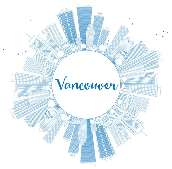 Esquema del horizonte de Vancouver con edificios azules y espacio para copiar . — Vector de stock