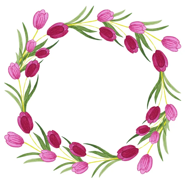 Tulips watercolor wreath on white background. — 스톡 사진