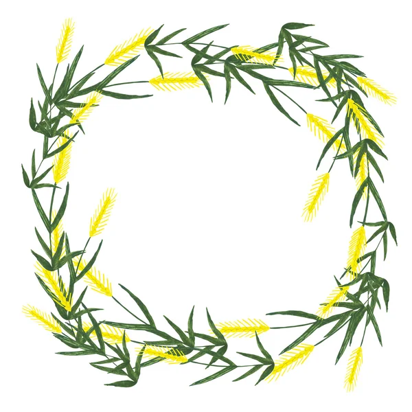 Watercolor wreath made from ears of wheat on white background. — Stockfoto