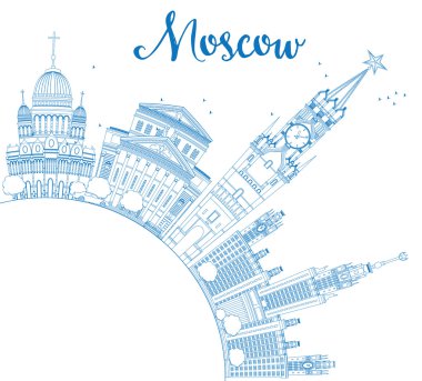 Outline Moscow Skyline with Blue Landmarks and Copy Space.