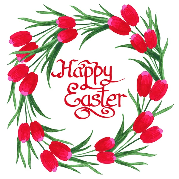 Happy Easter Text inside watercolor Tulips wreath on white backg — Stok fotoğraf