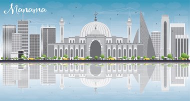 Manama Skyline with Gray Buildings, Blue Sky and Reflections.