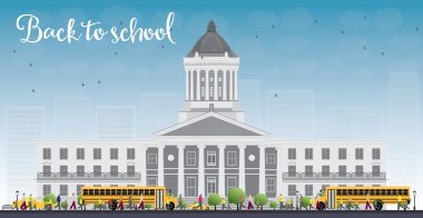 Okul otobüsü ile manzara, okul binası ve kişinin. 