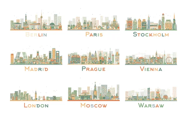 Set von 9 abstrakten europäischen Stadtsilhouetten. Vektorillustration. — Stockvektor