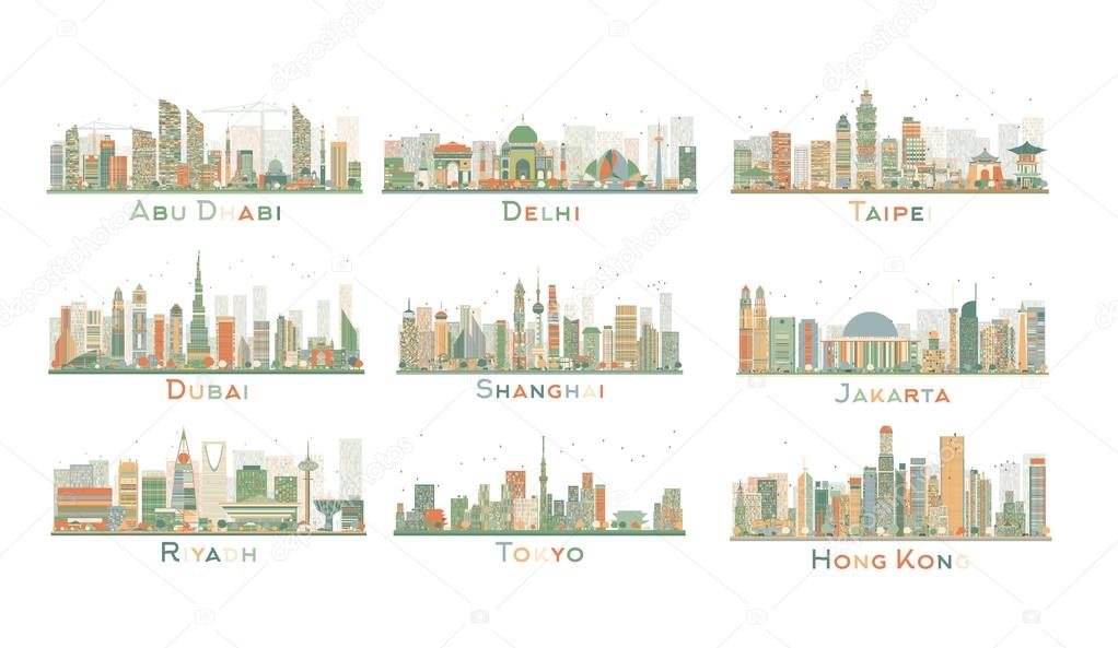 Set of 9 Abstract City Skyline. Vector Illustration. 