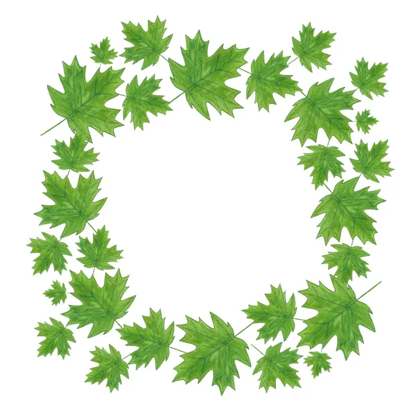 Watercolor summer maple leaves wreath on white background. — Stock Photo, Image