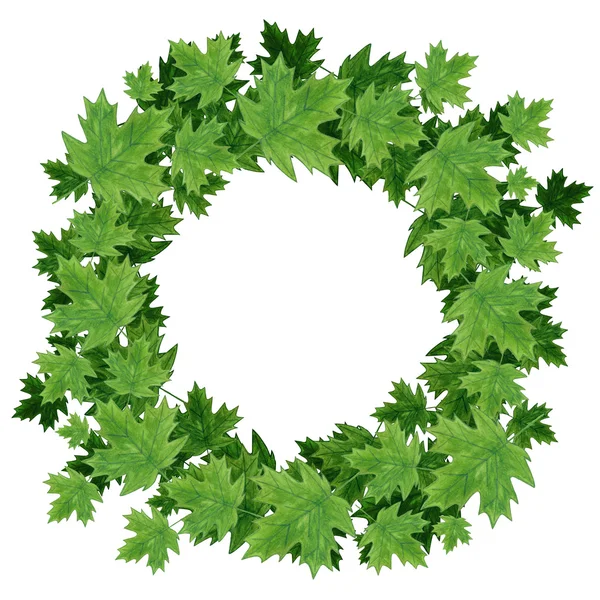 Watercolor summer maple leaves wreath on white background. — Stock Photo, Image