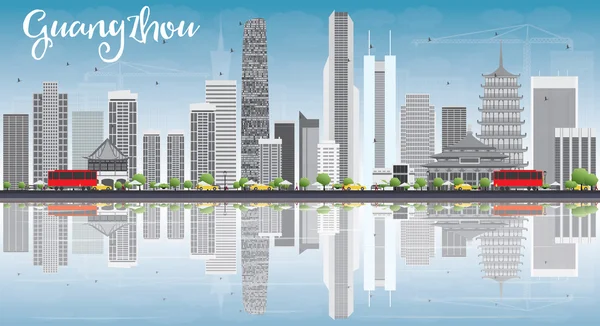 Guangzhou Skyline with Gray Buildings, Blue Sky and Reflections. — стоковий вектор