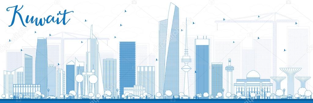 Outline Kuwait City Skyline with Blue Buildings. 