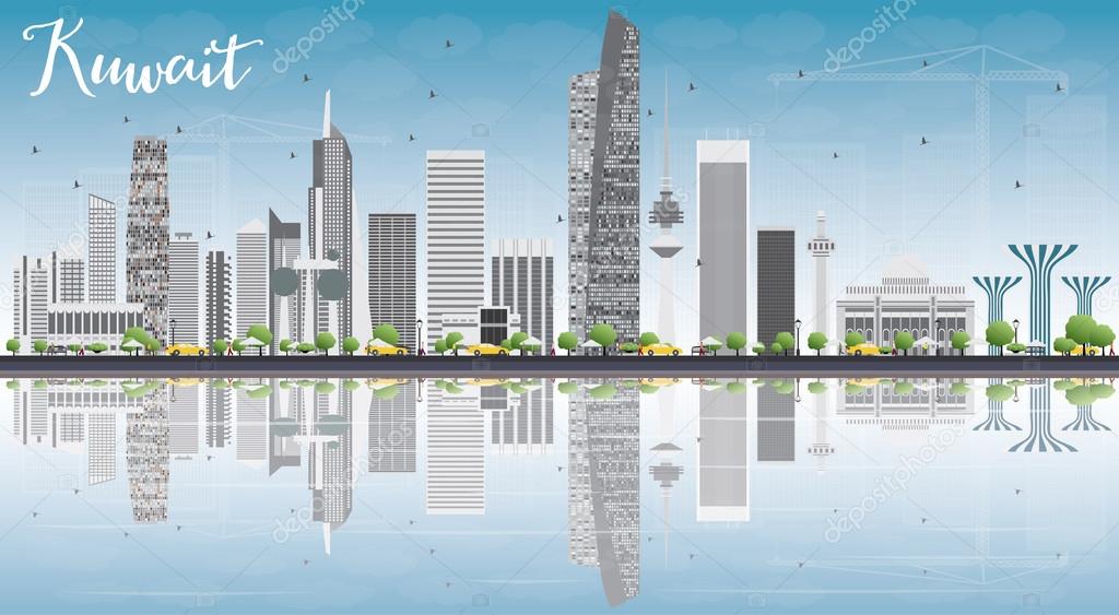 Kuwait City Skyline with Gray Buildings, Blue Sky and Reflection