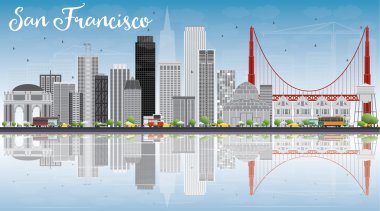 Gri Binalar, Mavi Gökyüzü ve Yansıma ile San Francisco Skyline