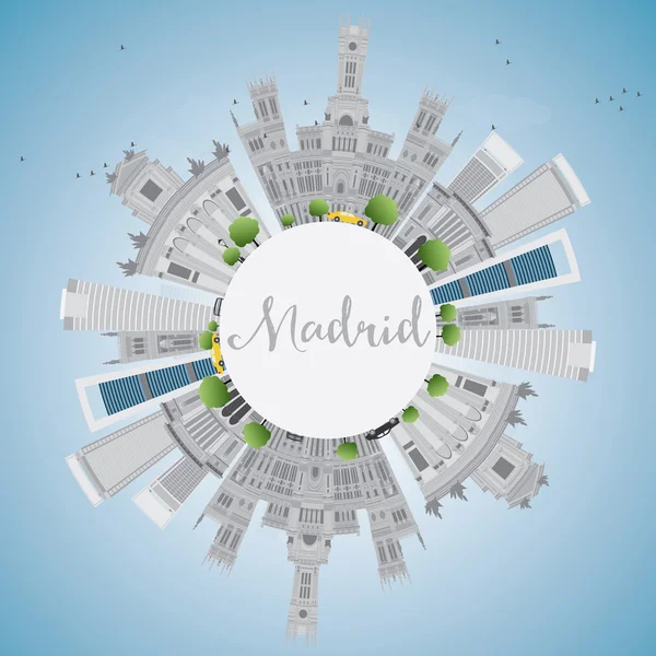 Madrid Skyline con edificios grises, cielo azul y espacio para copiar . — Vector de stock