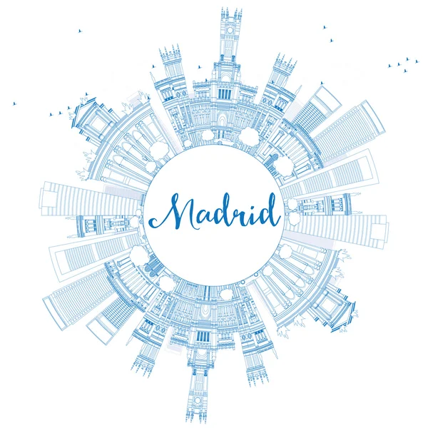 Περίγραμμα ορίζοντα Μαδρίτη με μπλε κτιρίων και να αντιγράψετε το χώρο. — Διανυσματικό Αρχείο