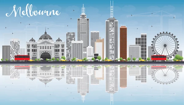 Мельбурнский скайлайн с серыми зданиями, голубым небом и рефлексами . — стоковый вектор