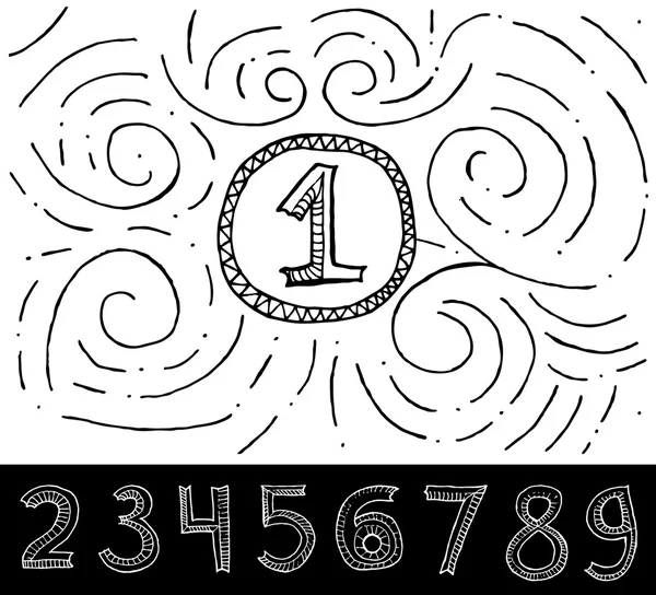 Hand Drawn Numbers with swirl pattern on white background. — Stock vektor