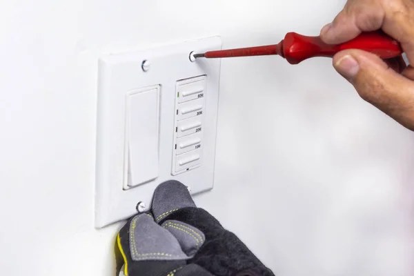 Electrician Prepared Screws Securing Switch Cover Inserted Them Holes Holding — 图库照片