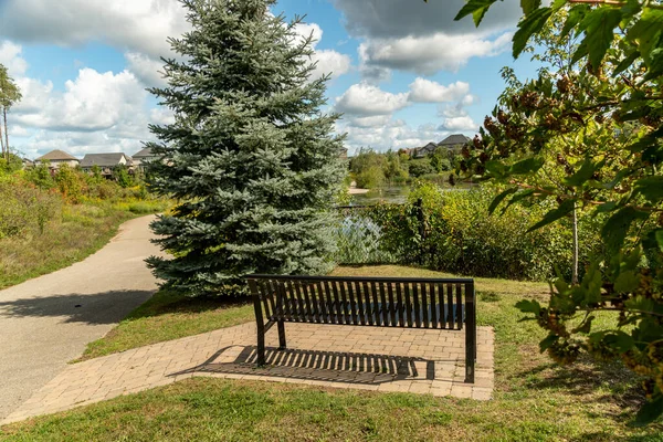 Een Mooie Dag Een Ijzeren Bank Staat Alleen Het Dorp — Stockfoto