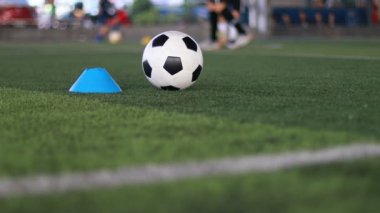 Mavi koni ve futbol topu futbol akademisinde bulanık çocuk futbol takımı eğitimiyle yeşil yapay sahada hareket ediyor..