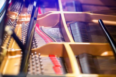 Büyük bir piyanonun içine seçici bir odaklanma. Bir kuyruklu piyanonun içi. Dizeler, çekiçler ve yapılar gösteriliyor.