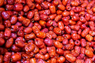Kurutulmuş Çin kırmızı tarihlerinin tam kare görüntüsü. Jujube yemek geçmişi.
