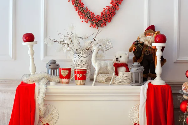 Decor Fireplace Candles Statuette Santa Claus Ceramic Deer Christmas Decoration — Stock Photo, Image