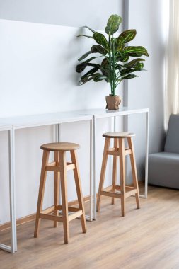 Masası, yüksek sandalyeleri ve saksıları olan basit bir oturma alanı. Kahve dükkanı için tabure ve yüksek bar tabureli minimalist tasarım. İçişleri Bakanlığı. Serbest Çalışanlar İçin Çalışma Alanının İçi