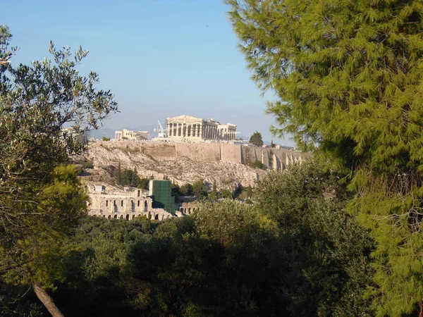 Görögország Athén Akropolisz Kőfal Dombon Parthenon — Stock Fotó