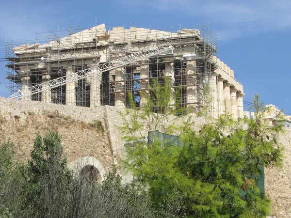 Görögország Athén Akropolisz Kőfal Dombon Parthenon — Stock Fotó