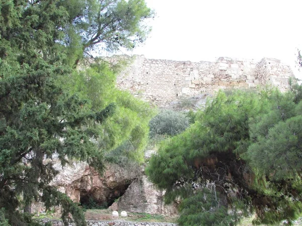 Görögország Athén Akropolisz Kőfal Dombon Parthenon Kőburkolat — Stock Fotó