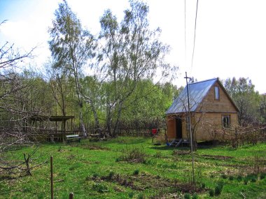 Ev, çardak ve huş ağaçları baharda konaklama yerinde.