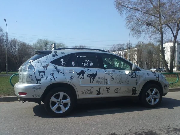 Rusya, Moskova, kedi çizimleri olan bir araba.