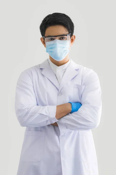 Primer Plano Médico Investigador Científico Con Gafas Protección Ocular Con — Foto de Stock