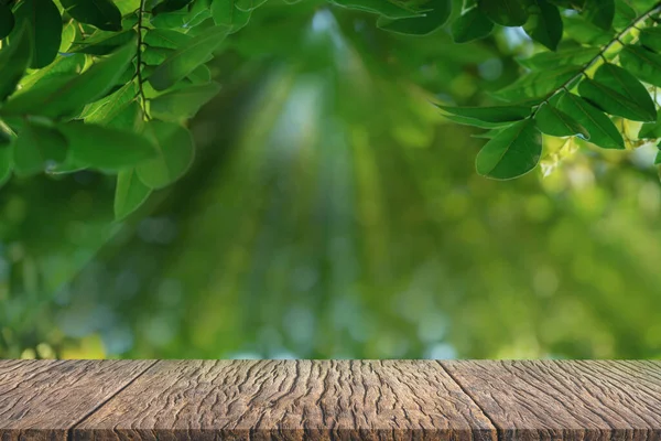 Tomma Träbord Med Gröna Blad Bokeh Och Solljus Med Kopieringsutrymme — Stockfoto