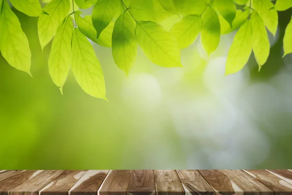 Tomma Träbord Med Gröna Blad Bokeh Och Solljus Med Kopieringsutrymme — Stockfoto