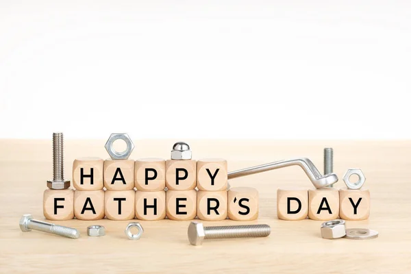 Happy Fathers Day Concept Wooden Blocks Text Table Wrench Nuts — Stock Photo, Image