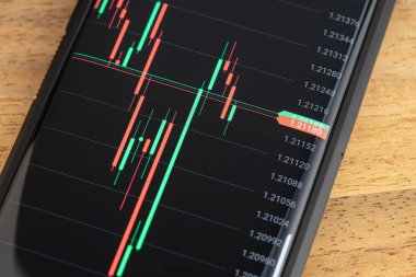 Akıllı telefon ekranında borsa çizelgesi. Taşınabilir aygıt konsepti ticareti