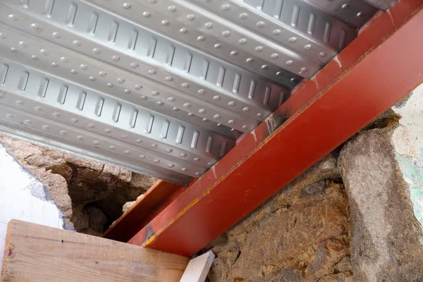 Detail Metal Decking Sheet Iron Beam Construction Site Floor Decking — Stock Photo, Image