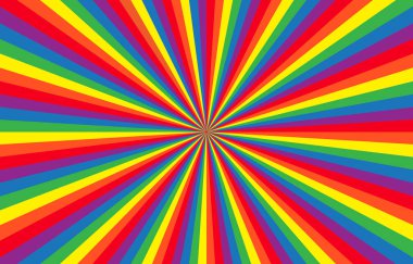 Canlı gökkuşağı Güneş Işığı Arkaplanı. LGBTQ bayrağı Ray yıldız patlaması arka planı. Vektör İllüstrasyonu