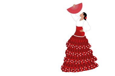 El fanı olan Flamenko dansçısı kadın beyaz arka planda izole edilmiş. İspanyol kültürü. Düz vektör illüstrasyonu