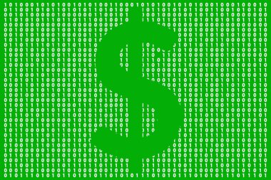 Bir dolar dijital para birimi ve sıfır ikili kod rakamı. Kripto para birimi elektronik para ve dijital bankacılık. Vektör illüstrasyonu