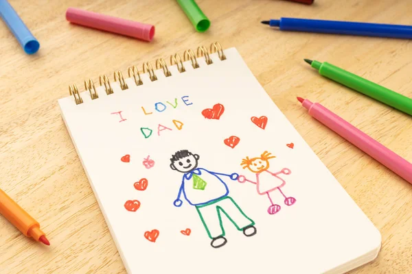 Fathers Day Concept Notebook Drawing Father Girl Marker Pens Wooden — Stock Photo, Image