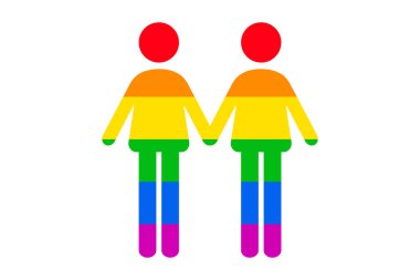 Beyaz arka planda izole edilmiş iki erkek ikonu Gökkuşağı Gay bayrağı. LGBTQ gurur simgesi vektör çizimi